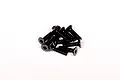 A small pile of black metal countersunk hex head screws on a white background.