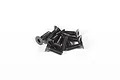 A small pile of ten black metal countersunk head screws with hex drive sockets, isolated on a white background.