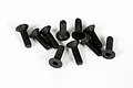 A group of ten black metal countersunk hex head screws arranged on a plain white background.