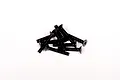 A small pile of black metal countersunk head screws with hex drive sockets, arranged on a plain white background.