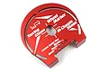 A red anodized aluminium Yeah Racing wheel well marker tool for 1/10 scale RC cars, featuring laser-etched markings for Touring and M-Chassis heights.