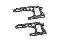 Two identical black carbon fiber RC chassis brace plates with cutouts and mounting holes on a white background.