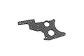 A flat, black carbon fiber rear chassis brace plate for an RC car, featuring a complex cut-out shape with multiple mounting holes.