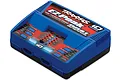 Traxxas EZ-Peak Dual NiMH/LiPo ID charger in blue and black, featuring dual charging ports and LED status indicators on a white background.