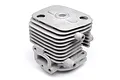 A silver-coloured metal 2-bolt cylinder head for an RC engine, showing cooling fins and a central threaded spark plug hole.