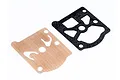 A tan-coloured flexible diaphragm and a black gasket for an RC engine carburettor, shown against a white background.