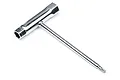 A chrome-plated T-handle wrench featuring a 12mm socket on one end and a star-shaped driver tip on the other.