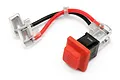 HPI Racing petrol engine kill switch featuring a red push-button with STOP embossed on it, connected to black and red wires with clear plastic terminals.