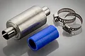 A Rovan RC exhaust silencer, a blue silicone coupler, and two metal hose clamps on a grey background.