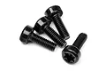 Four black metal cap head screws with star-shaped drive sockets arranged on a white background.
