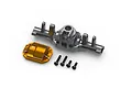 HPI Racing aluminium front axle housing set including a grey main housing, orange differential cover, and four black mounting screws.