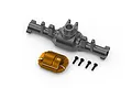HPI Racing aluminium rear axle housing set including a grey axle casing, orange differential cover, and four black screws on a white background.