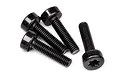 A set of four black metal cap head screws with a star-shaped drive, arranged on a white background.