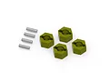 Four brass-colored hexagonal wheel hex hubs and four small metal pins arranged on a white background.