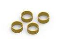 Four circular brass wheel weights for RC cars arranged on a white background.