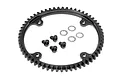 HPI Racing 57T steel spur gear with four black mounting screws and four star washers on a white background.