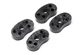 Four black rubber spur gear damper bushes for HPI RC cars arranged on a white background.