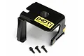 A black plastic HPI petrol engine cylinder heat guard with a yellow warning sticker and three mounting screws on a white background.