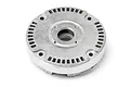 A silver metal HPI Racing slipper clutch spur gear holder viewed from an angle against a white background.