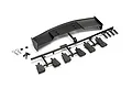 HPI 1/10 GT Type D Wing Set including a black plastic rear wing, mounting parts on a sprue, body clips, and screws on a white background.