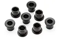Eight small black flanged metal bushings arranged on a white background.