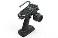 FlySky FS-G11P 11-channel RC transmitter with a digital screen and steering wheel, shown from a high angle against a white background.