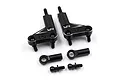 A pair of black aluminium RC suspension arms with associated ball ends and mounting hardware on a white background.