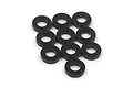 A collection of ten small, black circular aluminium washers arranged on a plain white background.