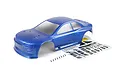 A blue painted 1/5 scale RC rally car body shell with a decal sheet and body clips on a white background.