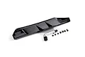 A black plastic rear bumper diffuser for an RC car, accompanied by a metal L-shaped bracket, small screws, and nuts on a white background.