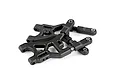 Two black plastic RC rear lower suspension arms with attached ball joints on a white background.