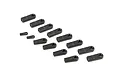 A set of various sized black plastic RC rod ends arranged on a white background.