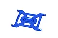 A blue anodized aluminium battery holder plate by GPM Racing, featuring a cutout design and four threaded mounting points.
