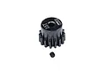 A black GPM Racing 15T pinion gear with a small grub screw positioned below it against a white background.