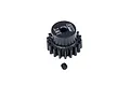 A black 18T pinion gear by GPM Racing with a small grub screw placed below it on a white background.