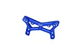 A blue anodized aluminium front shock tower for an RC car by GPM Racing, featuring multiple mounting holes and a branded logo.