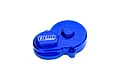 A blue anodized aluminium main gear cover for an RC car by GPM Racing, featuring a laser-etched logo.