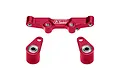A red anodized aluminium steering bell crank and drag link assembly by GPM Racing, featuring a central bar and two side arms with pre-installed bearings.