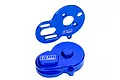 A blue anodized aluminium motor mount and gear cover set from GPM Racing, shown against a white background.