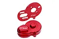 A red anodized aluminium motor mount and gear cover set by GPM Racing for RC vehicles, shown against a white background.