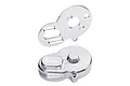 A silver GPM Racing aluminium motor mount and gear cover set for RC vehicles, shown from two different angles against a white background.