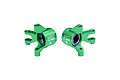 A pair of green anodized aluminium RC front steering hubs by GPM Racing, featuring pre-installed bearings and marked with L and R for orientation.