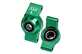 Two green anodized aluminium RC rear hubs from GPM Racing, featuring pre-installed ball bearings and marked with L and R indicators.