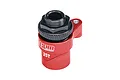 A red anodized aluminium GPM Racing 25T servo horn with an integrated black plastic servo saver mechanism against a white background.