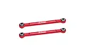 Two red anodized aluminium steering linkage rods from GPM Racing with silver metal pivot ball ends, isolated on a white background.