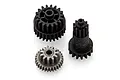 A set of three RC transmission gears, including two black plastic gears and one metallic pinion gear, isolated on a white background.