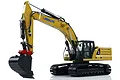 Kabolite K961 100S RC excavator model in yellow and black, featuring detailed hydraulic arms, a large bucket, and tracked undercarriage.