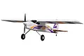 FMS Super EZ V4 RC trainer plane in white with purple and orange decals, featuring a high-wing design and tricycle landing gear.