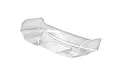 A clear, unpainted polycarbonate rear wing for an RC car, viewed from a high angle against a white background.