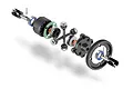 Exploded view of an XRAY large volume centre differential set showing all internal gears, bearings, shims, and housing components.